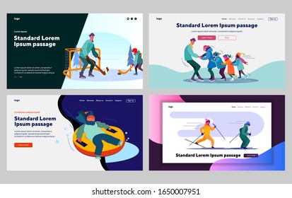 Winter outdoor activities set. People, kids skiing, skating, sledging, playing hockey. Flat vector illustrations. Active lifestyle, sport, family concept for banner, website design or landing web page