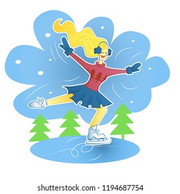Winter outdoor activities. Skating. Vector illustration