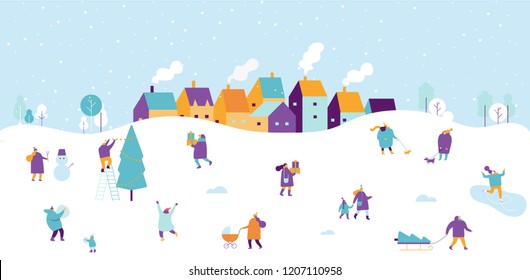 Winter outdoor activities. Snowy city background. People walking,having fun. Flat vector illustration.