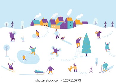 Winter outdoor activities. Snowy city background. People walking,having fun. Flat vector illustration.