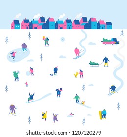 Winter outdoor activities. Snowy city background. People walking,having fun, skiing, ice skating, sledding. Flat vector illustration.