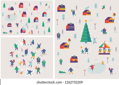 Winter outdoor activities vector set. Winter season background people characters. People have fun. Flat vector illustration.