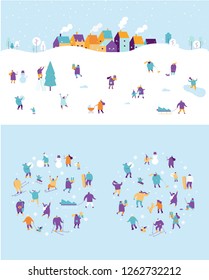 Winter outdoor activities vector set. Winter season background people characters. People have fun. Flat vector illustration.