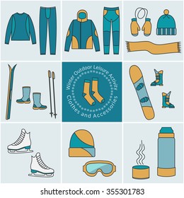 Winter outdoor activity Accessories, color graphical elements, icons: Thermal underwear, Outermost clothes, Mittens, Scarf, Hat, Ski, Boots, Snowboard, Skates, Goggles, Thermos, Cup, Socks, Snowflake