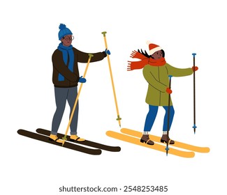 Winter outdoor activity featuring two individuals skiing on a snowy trail