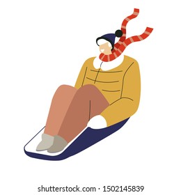 Winter outdoor activity, man sledding on sleigh, isolated male character vector. Child playing on cold snow, holiday and Christmas time game. Boy in scarf sliding down on rubber tub, active pastime