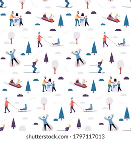 Winter outdoor activity of people in the park or in nature. Children and adults ride sledges, skis and tubes, or make a snowman. Seamless pattern. Vector flat illustration