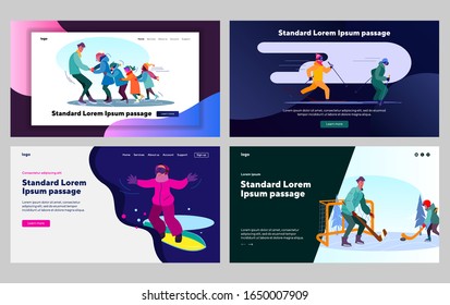 Winter outdoor activity set. Parents and kids skating on ice, playing hockey, skiing, snowboarding. Flat vector illustrations. Family, lifestyle concept for banner, website design or landing web page