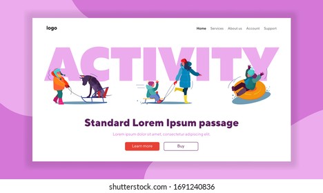 Winter outdoor activity set. Parents, kids skating on ice, sleighing, mountain resort landscape. Flat vector illustrations. Recreation, holiday concept for banner, website design or landing web page