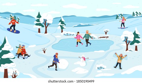 Winter outdoor activity. Snow games on fresh air, children frosty walk, people seasonal activities, snowman modeling, playing snowballs and ice skating, vector new year poster and christmas postcard