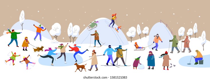 Winter Outdoor Activity.People in the outdoor doing different winter activities.Vector illustration.