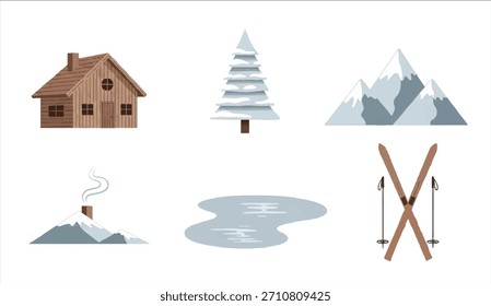 Winter outdoor adventure vector set. Flat illustration collection featuring wooden cabin, snow-capped mountains, pine tree, frozen lake, and skiing equipment isolated on white background.