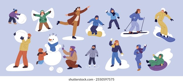 Winter outdoor family activities. Happy children and parents make snowman. Ice skating. Kids play snowballs and ski. Snow games. Angel in snowdrift. Wintertime park