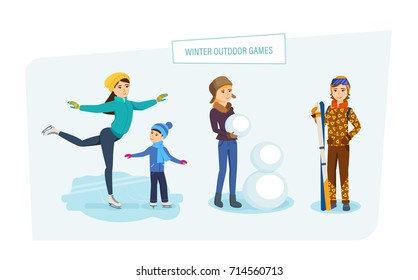 Winter outdoor games concept. Amusement park and relax. Mom rides on ice with his son on skates, a young girl sculpts a snowman in the park, the girl goes skiing. Illustration in cartoon style.