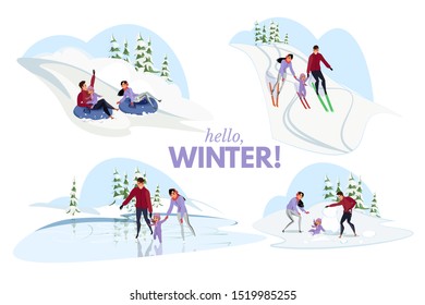 Winter outdoor games flat vector illustration. Cheerful little child and parents cartoon characters. Family playing together outdoors. Skiing, sledding and skating on ice rink. Childhood activities