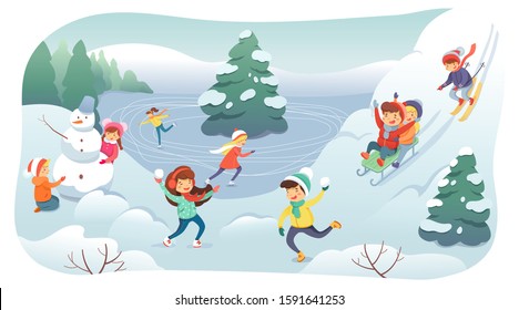 Winter Outdoor Games Flat Vector Illustration. Cheerful Little Children Cartoon Characters. Kids Playing Together Outdoors. Skiing, Sledding And Skating On Ice Rink. Childhood Activities