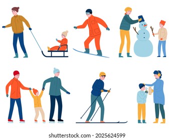 Winter outdoor games. People activities, parents