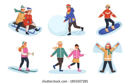 Winter outdoor games. Smiling kids activity spend time in snow collection, young people snowboarding, sledding and skiing, snowman modeling and ice skating vector new year and christmas characters set