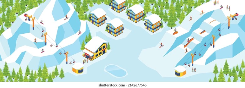 Winter outdoor holiday activity sport in mountains horizontal background with ski resort top view isometric vector illustration