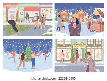 Winter outdoor recreation flat color vector illustration set. Xmas holiday. Seasonal fuss. Fully editable 2D simple cartoon characters collection with festive Christmas atmosphere on background