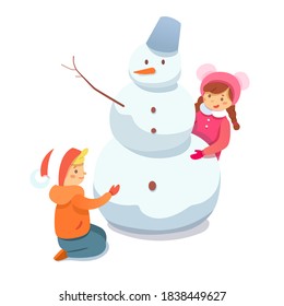 Winter outdoor recreation flat illustration. Wintertime games and leisure activity for kids isolated clipart. Children cartoon characters building snowman, playing in snow design element