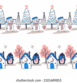 Winter Outdoor Scene Vector Seamless Horizontal Borders Set