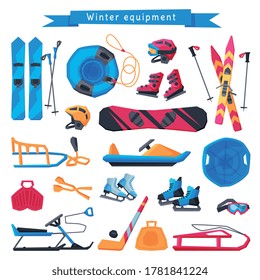 Winter Outdoor Sports and Leisure Equipment Collection, Inflatable Snow Tubing, Sled with Steering Wheel, Skis and Sticks, Hockey Stick, Puck and Ice Skates, Snowmobile Vector Illustration