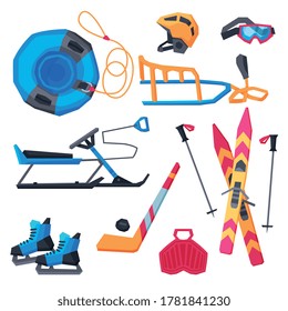 Winter Outdoor Sports and Leisure Equipment Collection, Inflatable Snow Tubing, Sled with Steering Wheel, Skis and Sticks, Hockey Stick, Puck and Ice Skates, Helmet, Vector Illustration