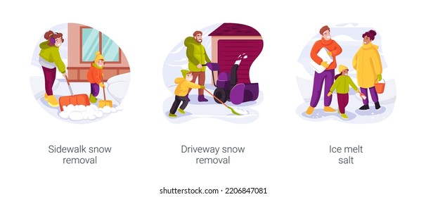 Winter outdoor works isolated cartoon vector illustration set. Sidewalk snow removal, family working outdoors, driveway snow removal, put ice melt salt, winter backyard maintenance vector cartoon.