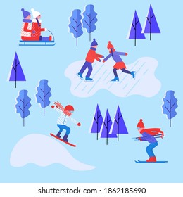 Winter outdoors activities. People having fun and activities skiing, skating, snowboard and sledding in the winter park. Christmas holiday. cold weather. Winter mood flat illustration.
