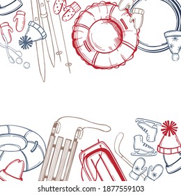 Winter Outdoors.  Winter Activities set. Hand drawn snow tube and snow slide.   Vector background. Sketch  illustration.