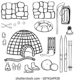 Winter Outdoors.  Winter Activities set. Vector sketch  illustration.