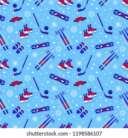 Winter outdoors background. Sports equipment vector seamless pattern. Ice hockey, skating, skiing, snowboarding repeat texture. Activities wallpaper for season decoration, wrapp paper, clothes prints