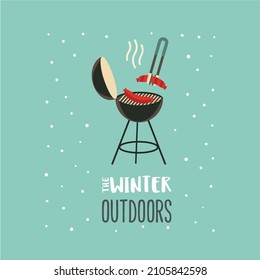 Winter outdoors BBQ picnic cute simple vector icon. Barbecue grill, roasted sausage cartoon design element. Nature fun relax illustration. Wintertime season holiday enjoy, weekend leisure background