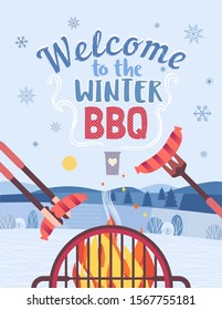 Winter outdoors concept. Cartoon retro style poster. Welcome invitation to barbecue picnic. Season holiday leisure banner background. Mountain lake snow valley. Flaming BBQ grill. Vector illustration