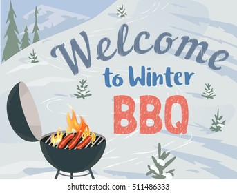 Winter outdoors concept. Cartoon retro style poster. Welcome invitation to barbecue picnic. Season holiday leisure banner background. Mountain ski resort valley. Flaming BBQ grill. Vector illustration