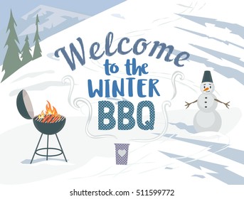 Winter outdoors concept. Cartoon retro style poster. Welcome invitation to barbecue picnic. Season holiday leisure banner background. Mountain ski resort valley. Flaming BBQ grill. Vector illustration