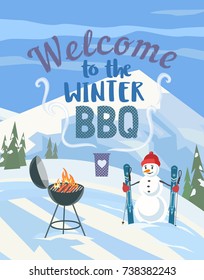 Winter outdoors concept. Cartoon retro style poster. Welcome invitation to barbecue picnic. Season holiday leisure banner background. Mountain ski resort valley. Flaming BBQ grill. Vector illustration