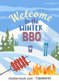 Winter outdoors concept. Cartoon retro style poster. Welcome invitation to barbecue picnic. Season holiday leisure banner background. Mountain ski resort valley. Flaming BBQ grill. Vector illustration