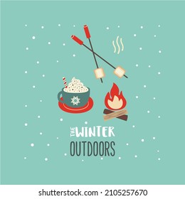 El invierno al aire libre, acogedor, relaja un sencillo icono vector. Marshmallow, pozo de fuego, elemento de diseño de dibujos animados de la taza de cacao caliente. Temporada de invierno vacaciones diversión al aire libre sores picnic, ilustración del fondo de la estación