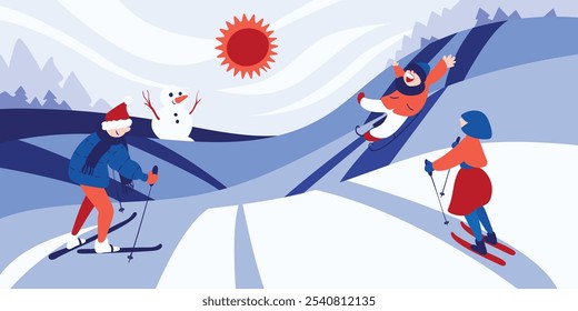 Winter outdoors entertainment. Family vacation, leisure in nature. Family couple, man and woman skiing, child sledding down snowy mountain slope. Wintertime plays. Simple vector illustration.