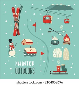 Winter outdoors fun leisure activity vector icon set. Mountain ski, cabin, sleigh, cable car cartoon illustration. Wintertime holidays weekend leisure background. Nature recreation sign collection