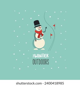 Winter outdoors fun leisure activity cute vector icon. Cute Snowman, Mountain skiing slope cartoon design element. Winter Season Holidays Vacation, Weekend Leisure on Nature background illustration