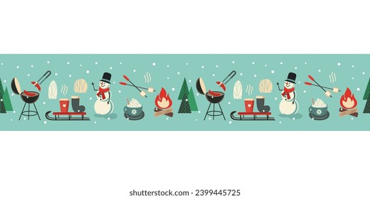 La actividad de ocio al aire libre en invierno se realiza sin problemas con el borde de patrón vectorial. Malvavisco asado, Cacao caliente, olores, taza de chocolate linda ilustración de dibujos animados. Recreación de la naturaleza del invierno, fondo de picnic para una fogata de barbacoa