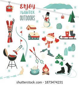 Winter Outdoors Leisure Fun activity vector icon collection. Mountain Ski, Sleigh, Skates Sports equipment set cartoon illustration. Winter Nature Recreation, BBQ, Bonfire, Hot Cocoa smores background