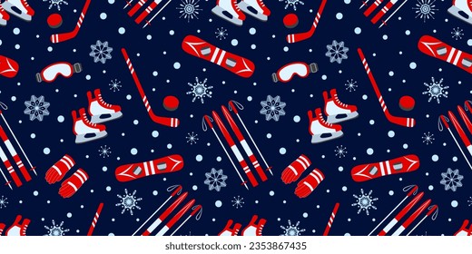 Winter outdoors repeated print. Vector illustration. Wintery sports seamless backdrop. Ice hockey, skating, skiing, snowboarding equipment wallpaper for Christmas and New Year designs.