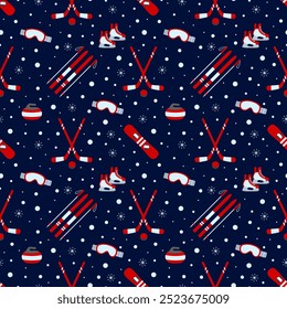 Winter outdoors vector seamless pattern. Ice hockey, skating, skiing, snowboarding equipment repeat background. Wintery sporting wallpaper. Kids activities template print. red color and dark backdrop