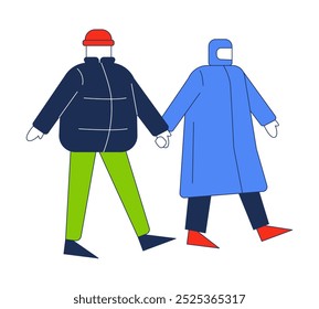 Pares de la ropa exterior del invierno que sostienen los personajes de dibujos animados 2D de las manos. Clima frío caminando juntos adultos chaquetas inflables aisladas Vector plano de la gente sobre fondo blanco. Ilustración de punto colorido