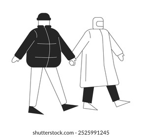 Pares de la ropa exterior del invierno que sostienen las manos caracteres blancos y negros de la línea 2D. Clima frío caminando juntos adultos chaquetas inflables aisladas Vector perfilan a las personas. Ilustración de punto monocromático