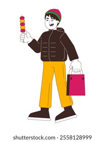 Winter outerwear japanese boy with dango on stick 2D cartoon character. Winterwear asian kid enjoying sweet rice dessert isolated person flat vector on white background. Spot illustration colorful
